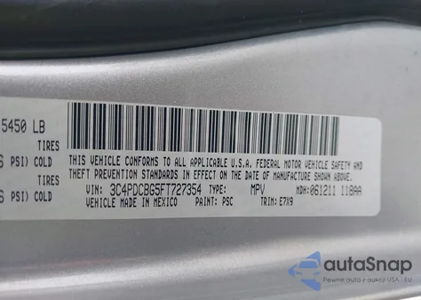 2015 Dodge Journey Sxt z USA, uszkodzony, nr VIN 3C4PDCBG5FT727354